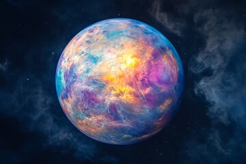 This artistic rendering depicts a dreamy, colorful planet enveloped in a mystical aura, floating serenely in the vast expanse of space, capturing imagination.