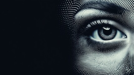 Detailed black and white close-up of a human eye with abstract dotted patterns, creating a surreal, artistic effect.