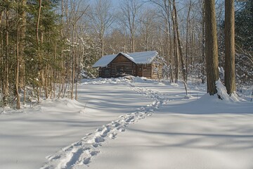 A small wooden cabin quietly sits in a snow-laden forest, offering solitude, warmth, and rustic charm, harmonizing with the peaceful natural landscape.