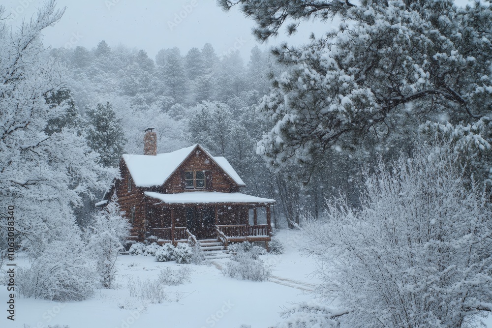 Poster a charming log cabin nestled in a forest blanketed with fresh snow, surrounded by tall evergreen tre