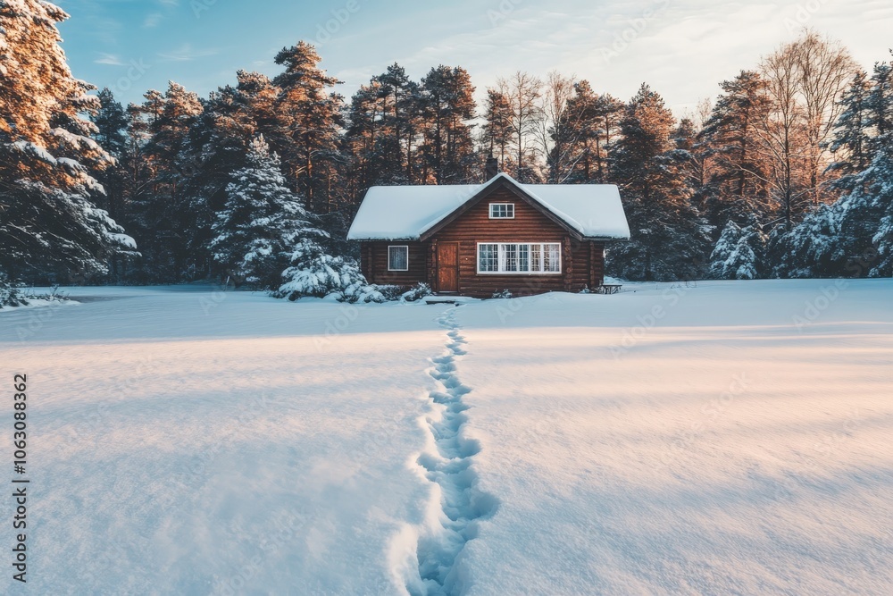 Poster a solitary log cabin softly illuminated by the gentle light of sunrise, surrounded by snowy trees, c
