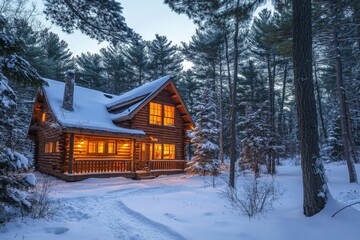A charming log cabin in the midst of a snowy forest with soft warm lighting emanating from within, creating an inviting and serene winter landscape scene.