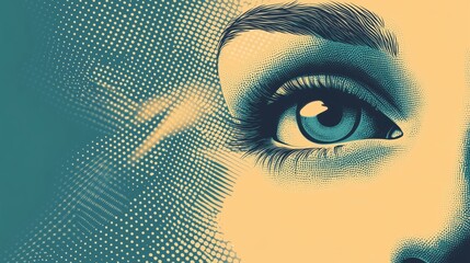 Abstract close-up of a human eye with dynamic halftone and line art patterns, combining realism with modern graphic design in monochrome and warm tones.