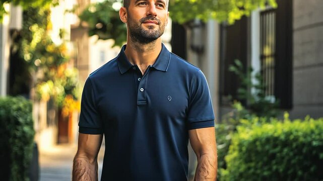 A man in a blue polo shirt walks down a city street, looking up at the sky