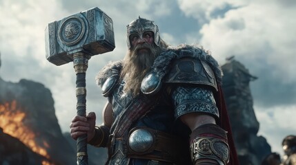 Naklejka premium Heroic figure wielding an oversized magical hammer in a stunning fantasy landscape