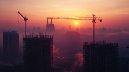 Construction cranes silhouetted against a sunset skyline.