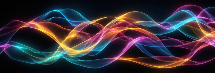 Naklejka premium colorful rainbow waves dynamic, swirling waves, glowing with neon light, on a black background
