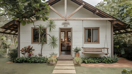 Charming modern house surrounded by lush greenery, featuring large windows, decorative plants, and a hanging swing, creating a serene outdoor living space and inviting entrance.