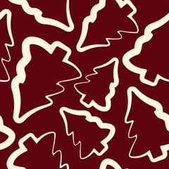 seamless pattern of Christmas tree icons drawn in line art style on a dark red background
