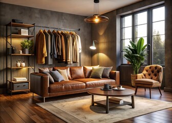Naklejka premium Interior of a Modern Living Room Featuring a Cozy Brown Sofa, Warm Blanket, and Clothing Rack Decorated in a Contemporary Style with Soft Lighting for a Welcoming Ambiance