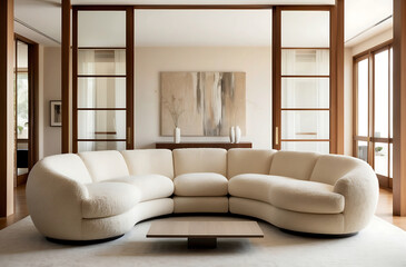 Elegant and modern living room interior with a curved boucle sofa and abstract wall art, in a bright space with large windows.