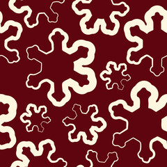 seamless pattern of unusual snowflake Christmas icons drawn in line art style on a dark red background