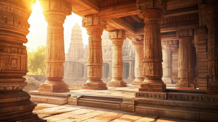 A panoramic view of an ancient temple complex, featuring beautifully