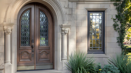 Elegant wooden double doors with intricate glass panels, framed by classic stone architecture and lush greenery, welcoming entrance to a beautiful home.