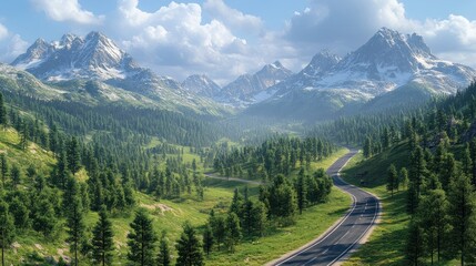 Fototapeta premium Scenic mountain landscape with winding road and lush greenery.
