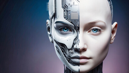 Close-up of a stylized humanoid face, half human, half robot. Artificial intelligence concept.