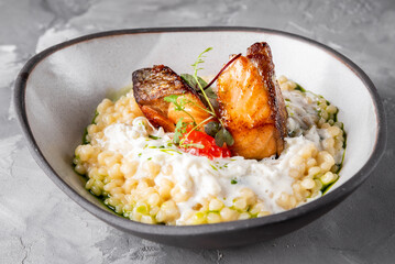 A gourmet dish featuring grilled salmon on a bed of creamy risotto, garnished with fresh herbs. The salmon is perfectly seared, and the risotto is rich and creamy, creating an appetizing presentation.