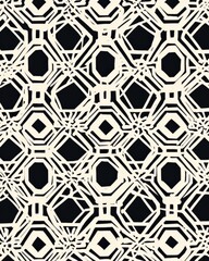 A seamless pattern with geometric shapes like hexagons and diamonds, using negative space to create clean, sharp outlines and a dynamic