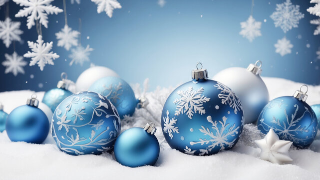 Generic atmospheric blue Christmas background with Christmas balls and snowflakes