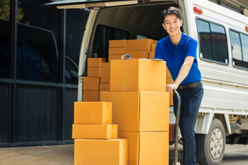 Asian delivery man work in truck for checking the product in the truck, concept ecommerce.