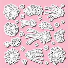 Naklejka premium Big doodle set of stickers of falling star dust, spiral twinkle cloud for planners, notebooks. Ready for print list of cute stickers. Sparkling magical stardust, comet shower with hand drawn outline