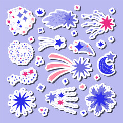 Big cartoon set of stickers of star dust, spiral twinkle cloud, falling star for planners, notebooks. Ready for print list of cute stickers. Hand drawn sparkling magical lights, comet shower.