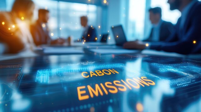 Boardroom meeting discussing  the word "CABON EMISSIONS" emission limits, visualizing corporate adherence to regulations