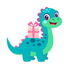 A blue dinosaur with a pink present on its back. The dinosaur is smiling