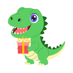 A green dinosaur is holding a red present. The dinosaur is smiling and has a mouth full of teeth