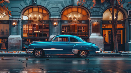 Naklejka premium Shiny blue car is parked neatly on the side of the road right in front of a tall building that looms above it