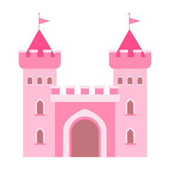A beautiful pink castle with a pink flag on top. The castle is made of stone and has a pink roof. The castle is located in a picturesque setting