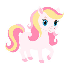 A cartoon horse with pink and yellow hair. It has a pink nose and blue eyes. The horse is standing on a white background