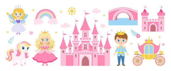 A princess is standing in front of a castle. A castle is also shown in the background. A horse is in the foreground