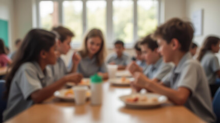 Fototapeta premium School cafeteria with students eating and discussing school topics over lunch, blurred image