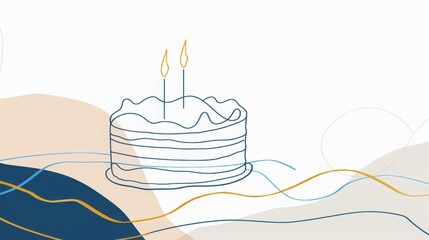 Minimalistic single line drawing of a birthday cake with candle, simple flat art vector illustration on white background, high resolution, elegant and modern design for greeting cards and invitation.