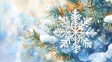 Watercolor Painting of a Snowflake on a Pine Branch