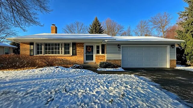 A single-story brick house with a snow-covered roof sits on a snow-covered yard on a sunny day