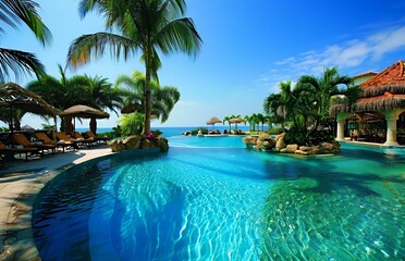 Infinity pool overlooking the ocean with palm trees and lounge chairs.
