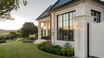 Elegant modern home exterior at sunset, featuring large windows, manicured landscaping, and a welcoming entrance surrounded by lush greenery and rolling hills.