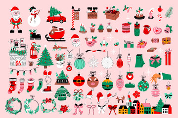 Vector huge Christmas collection with Santa Claus, gifts, holiday sweets, bows, winter town, fireplace, and decoration elements isolated on the background