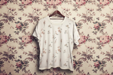 Vintage-inspired graphic T-shirt mockup on a hanger, set against a retro-style wallpaper with muted...