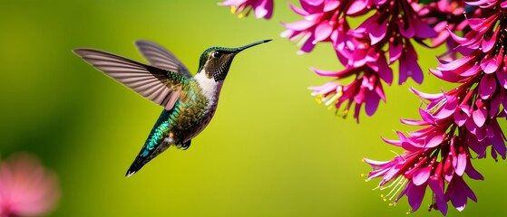 Naklejka premium Vibrant hummingbird hovering near bright pink blossoms in a lush garden
