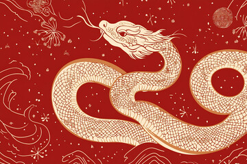Obraz premium A beautifully illustrated golden dragon swirling against a vibrant red background adorned with floral patterns and symbols