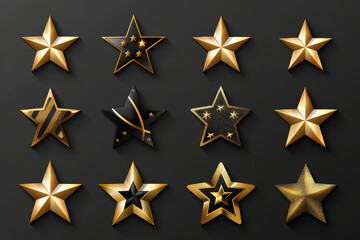 A collection of twelve golden stars with various designs and textures on a dark background.