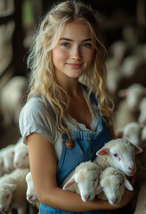 Young woman caring for sheep in a barn setting. A girl gently holds sheep in her arms while surrounded by a cozy barn atmosphere filled with more sheep.