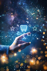 Futuristic depiction of a hand interacting with a holographic shopping cart interface, surrounded by glowing digital elements.