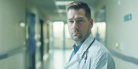 A young male doctor with a stethoscope in a hospital, looking serious and focused.
