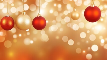 Colorful Christmas ornaments hanging against a festive golden background