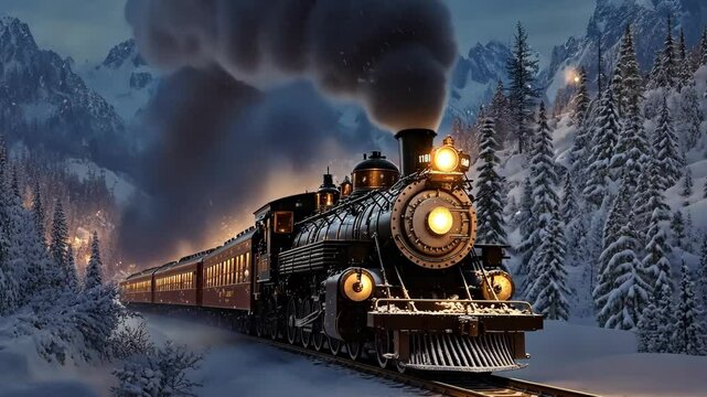 A steam train chugs through a snowy mountain landscape, its headlights piercing the twilight