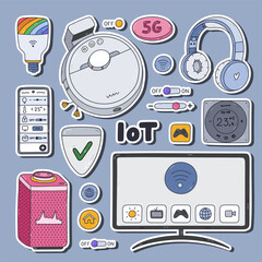 Colorful doodle set of stickers with smart machine with remote control via phone. for planners, notebooks. Ready for print list of cute stickers. Intelligence devices for entertainment, secure home